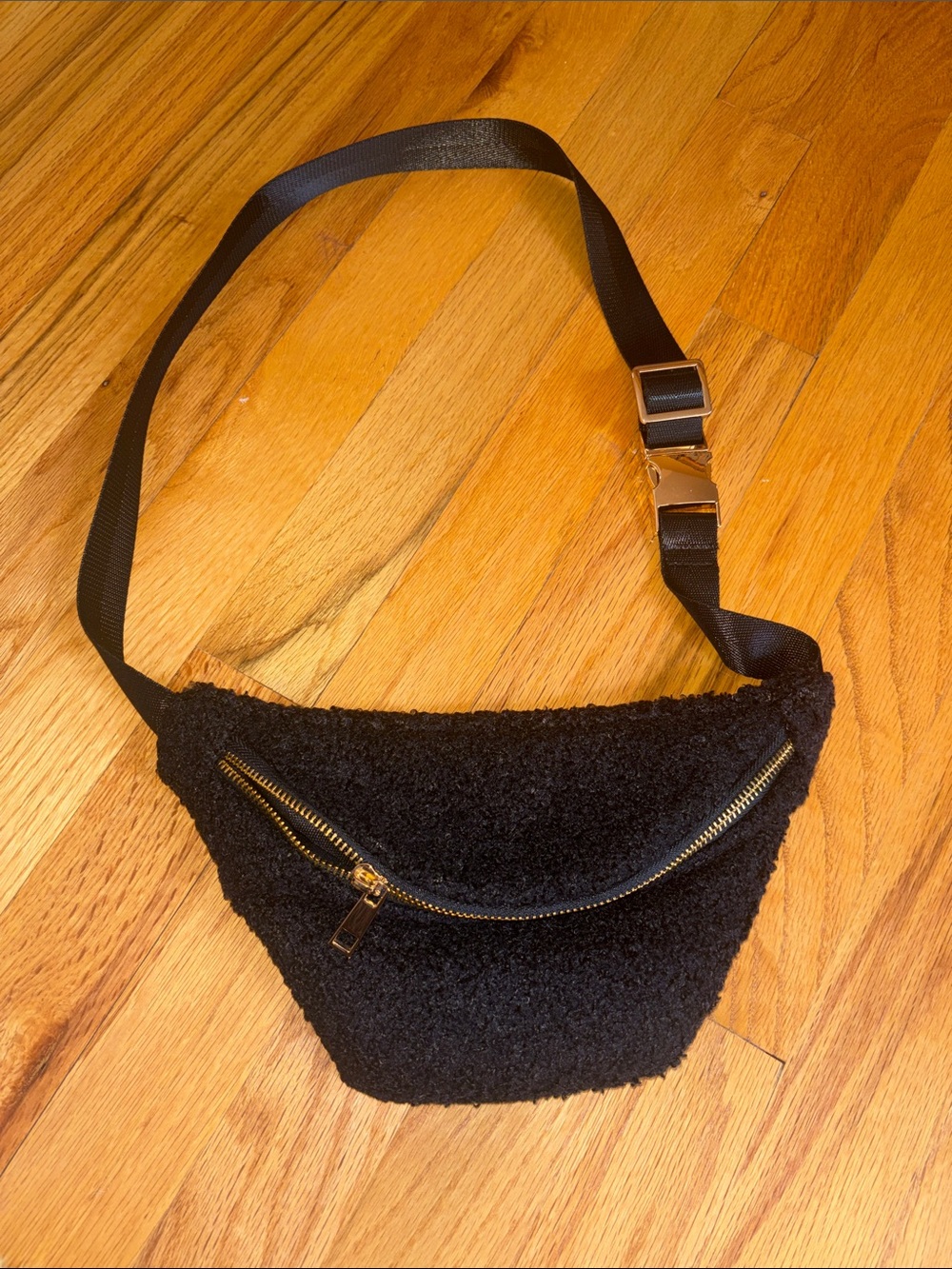 Pink Lily Black Sherpa Belt Bag with Gold Hardware